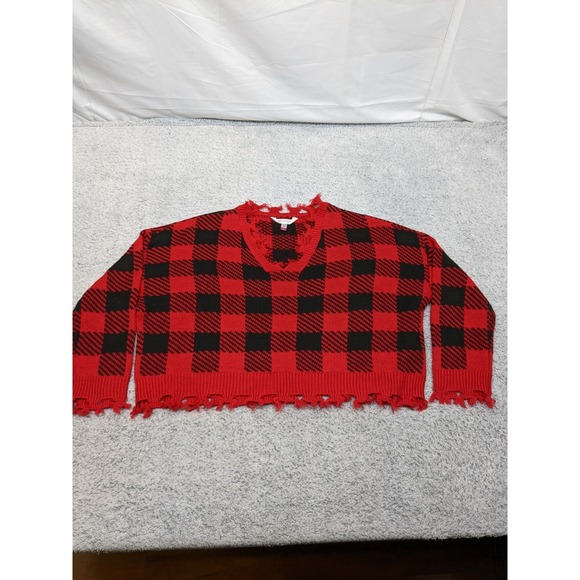 No Boundaries Sweaters - No Boundaries Plaid Cropped Red Black Grunge Punk Y2K Whimsigoth Womens Large